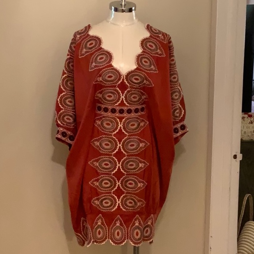 BCBG Max Azria New York Ready to Wear red satin mini dress with embroidery